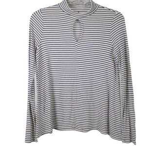 AE Black White Striped Mock Neck Top M | Long Sleeve Ribbed Keyhole